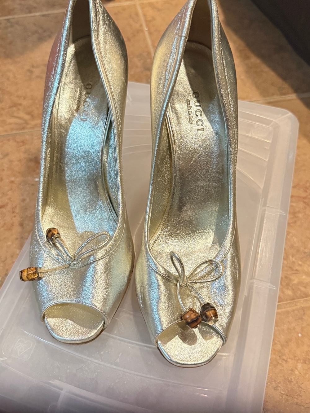 Gucci Metallic Gold Peep-Toe Heels with Bow Accent